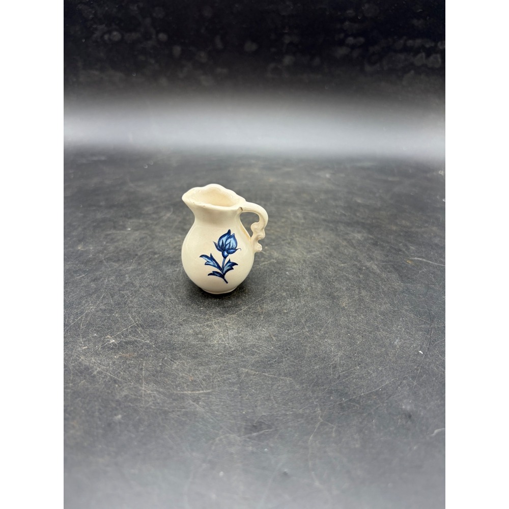 Vintage Miniature Ceramic Pitcher Blue Floral Dollhouse Tiny Jug 2 Inch